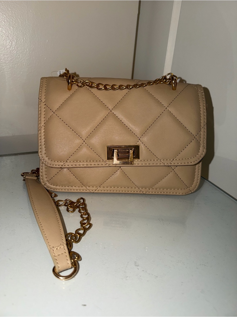 Ardene Quilted Tan Crossbody Bag with Gold Chain